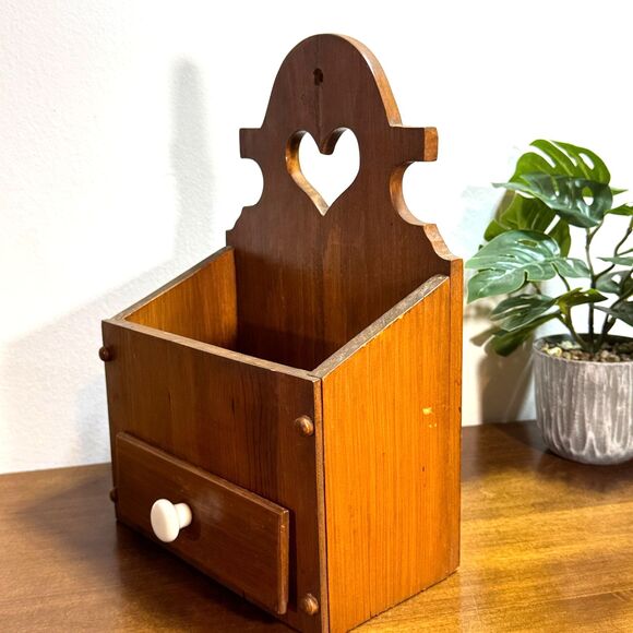 Vintage Wooden Hanging Box with Drawer and Top Open Pocket 13" Tall - Picture 5 of 12